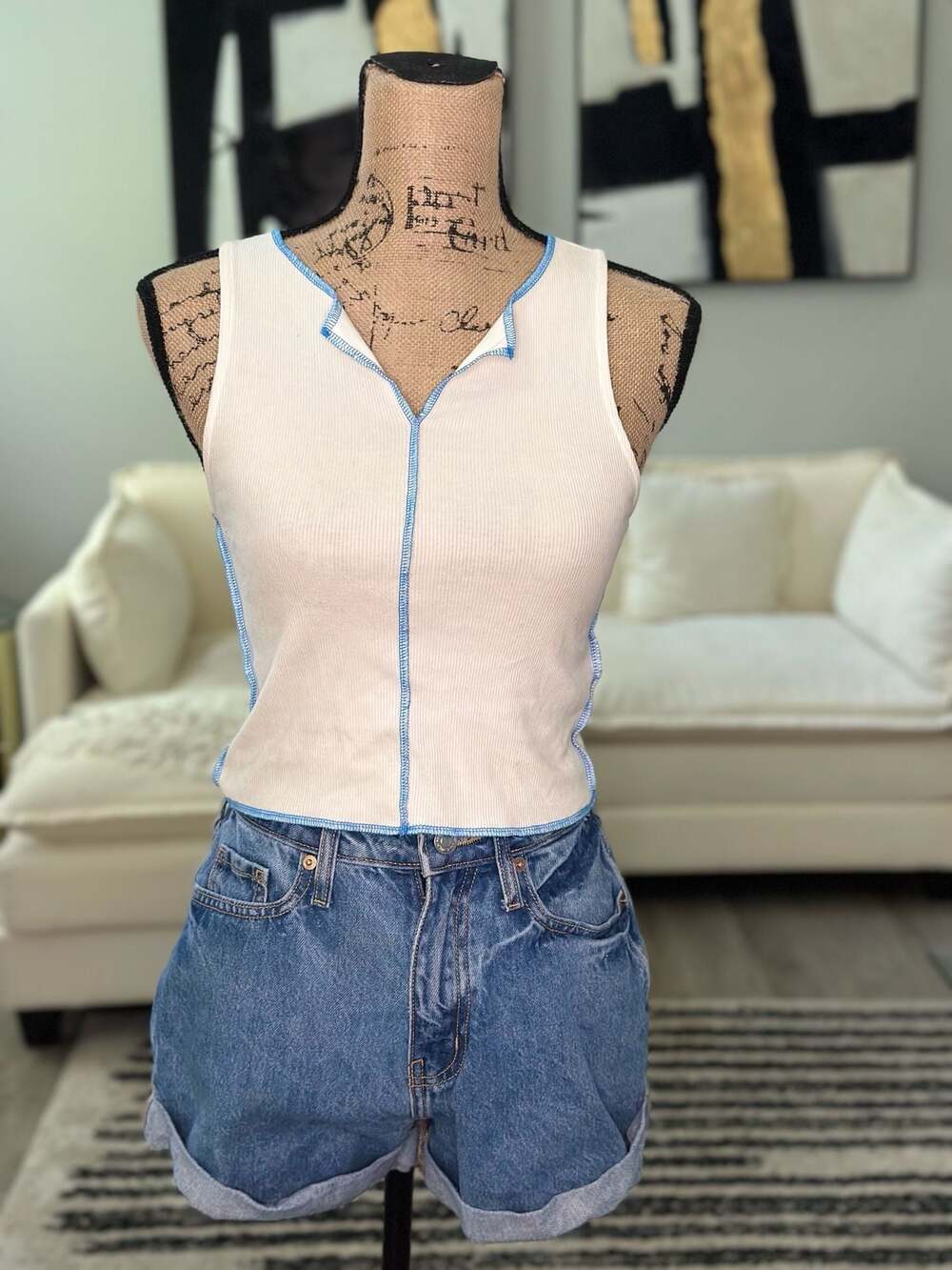 Forever 21 Ribbed Tank Top with Contrast Blue Stitching Detail